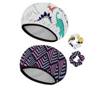 Eslifey Lot de 2 bonnets de douche réutilisables avec chouchous pour femmes, imperméables et élastiques pour cheveux longs, motif dinosaures, volcan, palmier, forêt