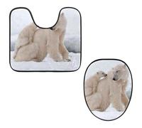 Eslifey Lot de 2 housses de siège de toilette et tapis de sol en forme de U - Ours polaire avec ourson - Lavable en machine - Tapis absorbant antidérapant