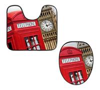 Eslifey Lot de 2 housses pour abattant de WC et tapis de sol en forme de U - Motif cabine téléphonique rouge avec Big Ben - Lavables en machine - Antidérapants et absorbants