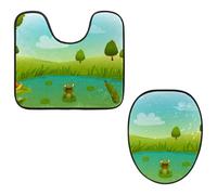 Eslifey Lot de 2 housses pour abattant de WC et tapis de sol en forme de U - Motif grenouille dans les marais - Lavable en machine - Tapis absorbant antidérapant