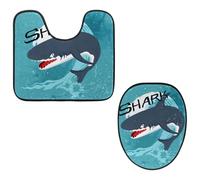Eslifey Lot de 2 housses pour abattant de WC et tapis de sol en forme de U - Tapis de toilette en forme de requin bleu océan - Lavable en machine - Tapis absorbant antidérapant