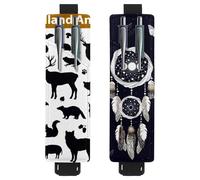 Eslifey Lot de 2 porte-stylos en cuir avec bande élastique réglable et silhouette de feuilles de la forêt pour ordinateur portable et journaux, Multicolore 1, 6.1x1.8in/15.4x4.6cm