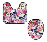 Eslifey Lot de 2 tapis de sol pour abattant de WC et tapis de sol de toilette en forme de U - Aquarelle Sugar Skull Rose Floral - Lavable en machine - Antidérapants et absorbants