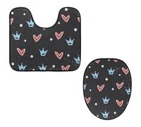 Eslifey Lot de 2 tapis de sol pour abattant de WC et tapis de sol en forme de U - Motif couronne de princesse - Gris - Cœur - Lavable en machine - Tapis absorbant antidérapant