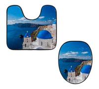 Eslifey Lot de 2 tapis de sol pour abattant de WC et tapis de sol en forme de U - Motif église Santorin Grèce - Lavable en machine - Antidérapant et absorbant