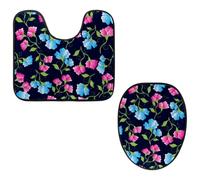 Eslifey Lot de 2 tapis de sol pour abattant de WC et tapis de sol en forme de U - Motif pois de senteur et fleurs - Lavable en machine - Tapis absorbant antidérapant