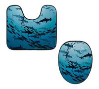 Eslifey Lot de 2 tapis de sol pour abattant de WC et tapis de sol en forme de U, motif requins et poissons de mer, lavables en machine, tapis absorbants antidérapants