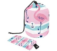 Eslifey Sac à cosmétiques avec cordon de serrage, sac de maquillage portable en forme de tonneau, sac de maquillage de voyage avec flamant rose, anneau d'ancre, motif cœur, grande capacité, étanche,