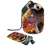 Eslifey Trousse de maquillage de voyage - Multifonctionnelle - Organiseur rond - Avec poche de rangement - Fleurs de tournesol et raton laveur, multicolore, 9.9x6.9in/25.2x17.6cm