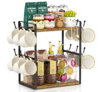 EsLuker.ly Support de rangement pour tasse de bar à café, 2 niveaux pour cuisine, bureau, étagère de rangement avec 12 crochets, crée un coin café élégant