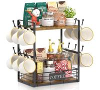EsLuker.ly Support de tasse à café - Organiseur de bar à 2 niveaux pour comptoir de cuisine, tour de rangement avec 12 crochets, rehausseur de coin café, marron vintage noir