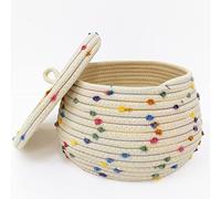 Esme L&H Petit panier en corde avec couvercle - Petit panier de rangement rond tissé de 25,4 x 16,5 cm - Pompon arc-en-ciel coloré - Petit panier, panier de rangement, organiseur, récipient pour
