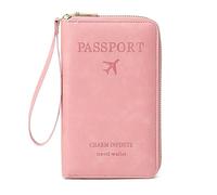 esmen Passoport - Longue housse de passeport - Sac de rangement pour tickets - Multifonctionnel - Fermeture éclair - Pour passeport de voyage, rose