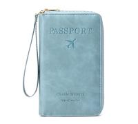 esmen Passoport - Longue housse de passeport - Sac de rangement pour tickets - Multifonctionnel - Fermeture éclair - Pour passeport de voyage, bleu clair