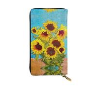ESNAIUVCD Beau tournesol peinture à l'huile imprimé cuir véritable femmes hommes portefeuilles multi-fonctions sac à main fermeture éclair autour grand sac à main de voyage téléphone portable long