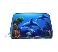 ESNAIUVCD Belle trousse de maquillage en cuir synthétique avec dragonne, motif dauphins du monde sous-marin, sac de maquillage pour femme avec dragonne, trousse de toilette de voyage, Argenté., Taille