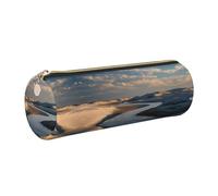 ESNAIUVCD Calm River Sand Dunes Trousse à crayons cylindrique en cuir synthétique avec fermeture éclair - Rangement multifonctionnel pour papeterie - Convient pour les étudiants, doré, One Size