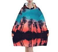 ESNAIUVCD Couverture à capuche surdimensionnée avec imprimé palmier et coucher de soleil - Couverture portable en flanelle pour adulte, unisexe et adulte, sweat-shirt à capuche confortable et moelleux
