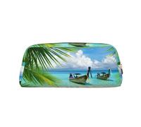 ESNAIUVCD Grande trousse à crayons avec fermeture éclair et motif bateau de bord de mer et feuilles de noix de coco - Trousse multifonction pour le travail et le maquillage, doré, Taille unique