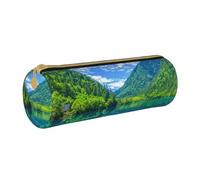 ESNAIUVCD Green Hills and Water Print Trousse cylindrique à fermeture éclair en cuir PU de haute qualité pour ranger des articles de papeterie, convient pour les étudiants, blanc, Taille unique,