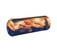 ESNAIUVCD Nature Sun Snowy Hills and Trees Trousse cylindrique en cuir avec fermeture éclair - Cuir PU de haute qualité, rangement multifonctionnel pour papeterie, convient pour les étudiants, blanc,