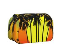 ESNAIUVCD Plam Tree Trousse à stylos double couche avec motif île tropicale au coucher du soleil - Grande capacité - Convient pour les garçons, les filles et les adultes - Trousse de bureau avec