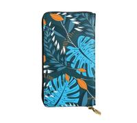 ESNAIUVCD Portefeuille d'été en cuir véritable avec imprimé feuilles tropicales pour femmes, hommes, sac à main multifonction, fermeture éclair autour du grand sac à main de voyage pour téléphone