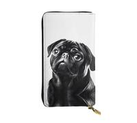 ESNAIUVCD Portefeuille en cuir véritable avec imprimé chien carlin noir mignon pour femmes, hommes, sac à main multifonction, fermeture éclair, grand sac à main de voyage pour téléphone portable long,