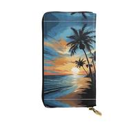 ESNAIUVCD Portefeuille en cuir véritable imprimé coucher de soleil tropical pour femmes, hommes, sac à main multifonction, fermeture éclair autour du grand sac à main de voyage pour téléphone