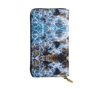 ESNAIUVCD Portefeuille multifonction en cuir véritable imprimé pierres de mer pour femme et homme avec fermeture éclair sur le pourtour, Noir , Taille unique