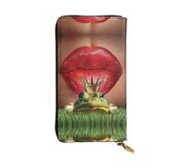 ESNAIUVCD Red Lips Getting Ready to Kiss A Frog Portefeuille en cuir véritable pour femme et homme, sac à main multifonction, fermeture éclair autour du grand sac à main de voyage pour téléphone