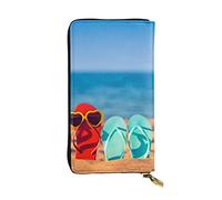 ESNAIUVCD Tongs sur une plage de sable imprimé en cuir véritable pour femmes, hommes, porte-monnaie multifonction, fermeture éclair autour du grand sac à main de voyage pour téléphone portable, Noir ,