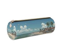 ESNAIUVCD Trousse à crayons cylindrique en cuir avec fermeture éclair imprimée scène de plage - Cuir PU, rangement multifonctionnel pour papeterie, convient pour les étudiants