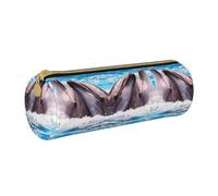 ESNAIUVCD Trousse à crayons cylindrique en cuir PU de haute qualité avec imprimé deux dauphins dans l'eau - Rangement multifonctionnel pour papeterie - Convient pour les étudiants, blanc, Taille