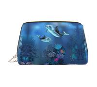 ESNAIUVCD Trousse de maquillage en cuir synthétique avec dragonne, motif dauphins du monde sous-marin, sac de maquillage pour femme avec dragonne, trousse de toilette de voyage, doré, Taille unique