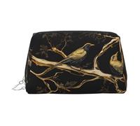 ESNAIUVCD Trousse de maquillage en cuir synthétique avec dragonne, motif oiseaux marbrés, noir et doré, Argenté., Taille unique