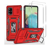 ESONG Antichoc Coque Para Samsung Galaxy A71 5G,TPU+PC Housse Protection de Qualité Militaire avec Lentille Coulissante Couverture/2* Verre Trempé,Compatible Support De Voiture Magnétique-Rouge