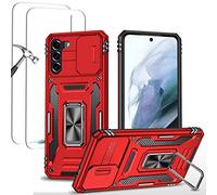 ESONG Antichoc Coque Para Samsung Galaxy S21 FE,TPU+PC Housse Protection de Qualité Militaire avec Lentille Coulissante Couverture/2* Verre Trempé,Compatible Support De Voiture Magnétique-Rouge