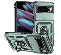 ESONG Coque Para Google Pixel 8 Pro,TPU+PC Rigide Armure Housse avec Lentille Coulissante Couverture/Rotation à 360 Anneau de Support,pour Support Téléphone Voiture Magnétique,Vert foncé