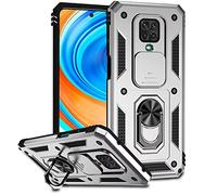 ESONG Coque Para Xiaomi Redmi Note 9S/9 Pro/9 Pro Max,TPU+PC Rigide Armure Housse avec Lentille Coulissante Couverture/Rotation à 360 Anneau de Support,pour Support Téléphone Voiture Magnétique,Argent