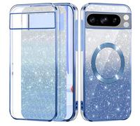 ESONG Magnétique Paillettes Coque Google Pixel 8 Pro,Etui Fine Transparente Esthétique Brillant Glitter Compatible avec MagSafe pour Femmes,Housse Mince Clear,Case Silicone Bleu