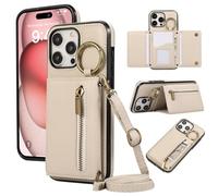 ESONG Portefeuille Bandoulière Coque pour iPhone 16 Pro Max avec Anneau, Etui en Cuir PU Flip Folio Cordon Housse pour Fille, Magnétique, Béquille, Fentes de Cartes Beige