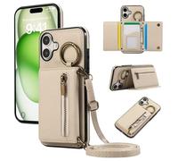 ESONG Portefeuille Bandoulière Coque pour iPhone 17 avec Anneau, Etui en Cuir PU Flip Folio Cordon Housse pour Fille, Magnétique, Béquille, Fentes de Cartes Beige