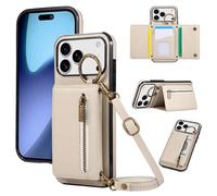 ESONG Portefeuille Bandoulière Coque pour iPhone 17 Pro avec Anneau, Etui en Cuir PU Flip Folio Cordon Housse pour Fille, Magnétique, Béquille, Fentes de Cartes Beige