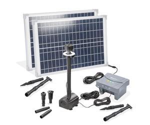 esotec 101939 Kit de pompe solaire pour bassin avec 50 1400 LED, pompe d'arrosage 1400/h, batterie LiFePo4, filtre, piquet de terre, panneaux solaires 50 W, fontaine solaire de jardin, jeu d'eau