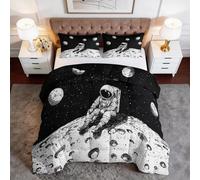 Espace Lune Astronaute Noir Et Blanc Couette 4 Saisons sans Housse 140 x 200 cm - Édredon Réversible Moderne Lavable en Machine Ultra Douce, Ensemble de Literie avec 1 Taies d'oreiller 65 x 65 cm