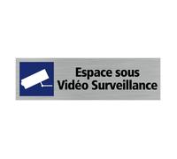 Espace sous vidéo surveillance plaque de porte pictogramme caméra - Adhésif aspect aluminium brossé - 170 x 50 mm