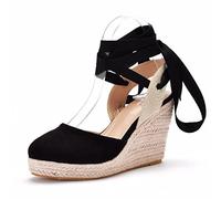 Espadrilles à Lacets pour Femmes, Sandales à Plateforme compensées à Bout fermé, pour fête, Bal, Vacances, Plage, Chaussures habillées,Noir,38 EU