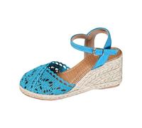 Espadrilles à talon compensé pour femme - Sandales épaisses à l'avant - Sandales compensées fermées - Boucle réglable - Sandales compensées compensées confortables avec talon - Semelle en lin, bleu