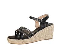 Espadrilles compensées à strass pour femme - Bout ouvert - Boucle de cheville - Sangle tressée - Chaussures d'été bohème, Noir , 38.5 EU